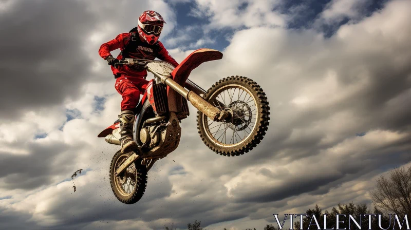 Extreme Motocross Jump: Young Man in Red Protective Gear Soars High AI Image