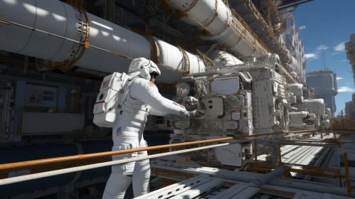 Futuristic Astronaut in NASA Spacesuit on Space Station