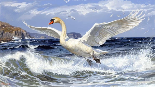 Graceful Swan Flying Over Turbulent Sea