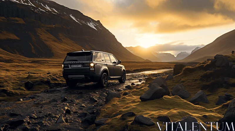 AI ART Land Rover in the Mountains: Dark Silver and Dark Gold Palette