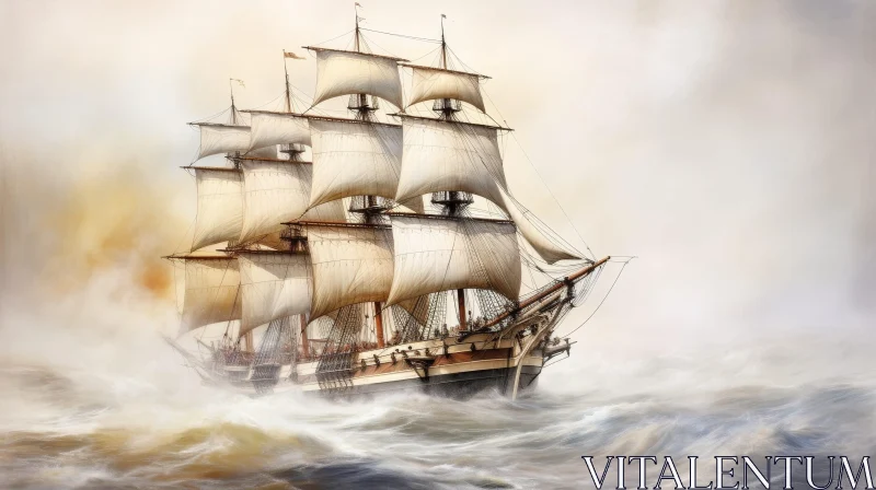 Large Sailing Ship Painting in Rough Sea AI Image