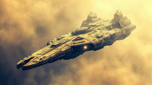 Majestic Spaceship Flying Through Clouds