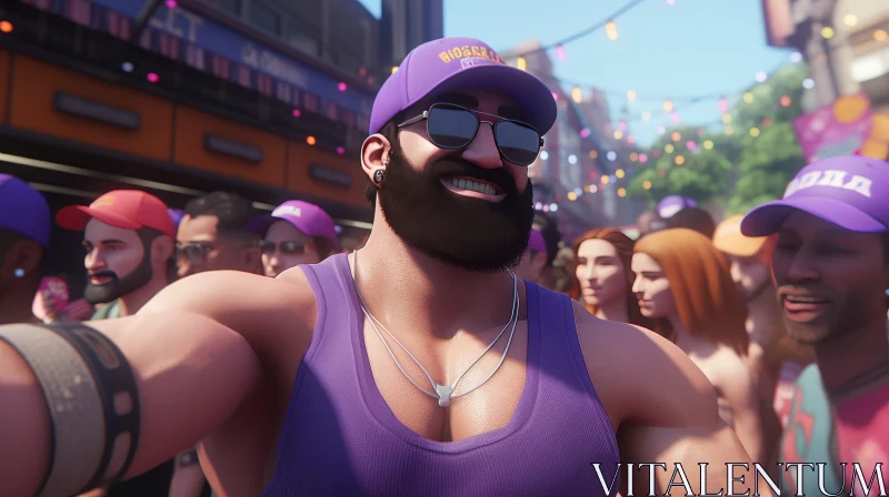 Muscular Man in Purple Tank Top with Bioware Hat AI Image