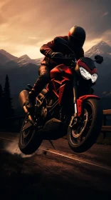Red Sport Bike Motorcyclist in Mountain Sunset Scene
