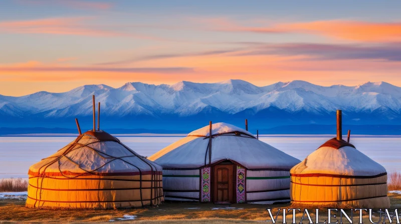 Traditional Mongolian Yurts by the Lake at Sunset AI Image