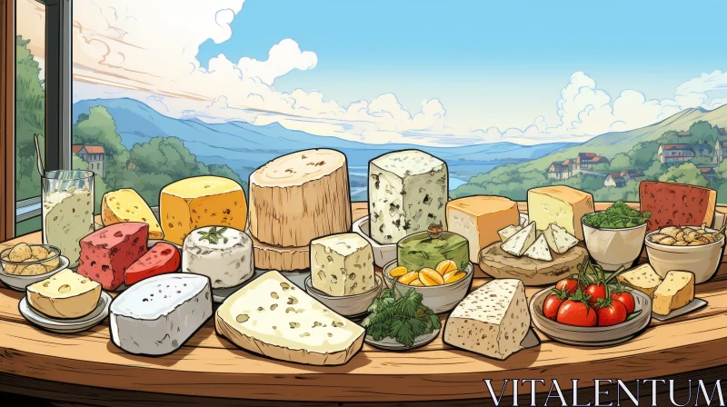 Cheese Variety on Wooden Table with Mountainous Landscape AI Image