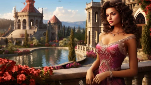 Enchanting Woman in Pink Dress Admiring Castle and Lake View