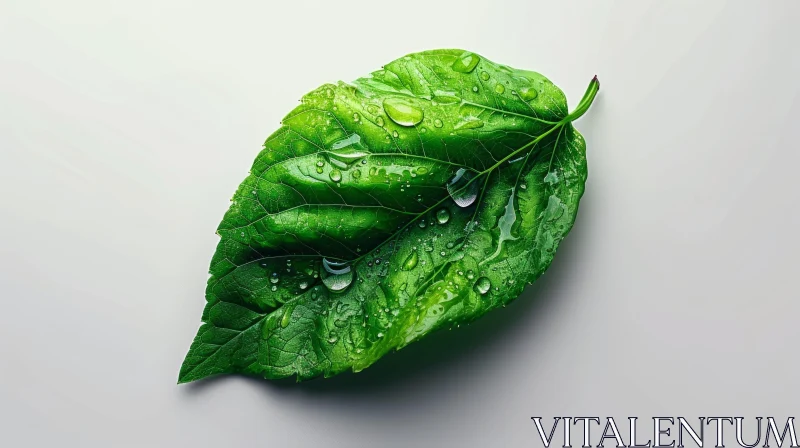 Green Leaf with Water Droplets - Close-up Nature Photography AI Image