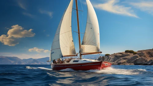 Red and White Sailboat Slicing Through Blue Waves
