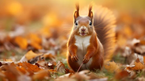 Red Squirrel Portrait on Fallen Leaves