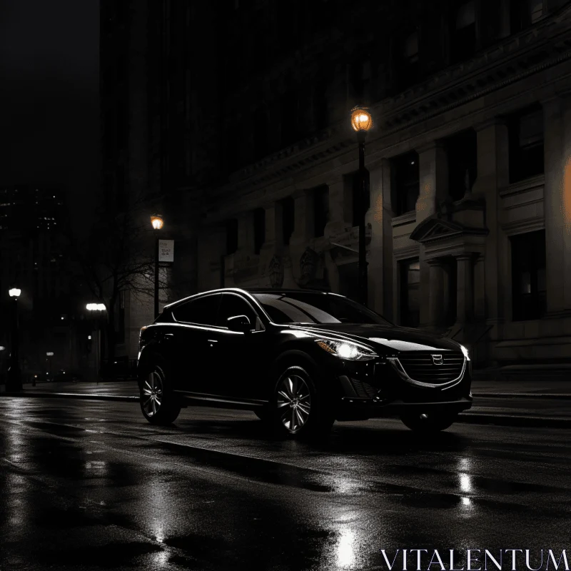 Sleek Black Sedan on Wet Street | Fluid Photography AI Image