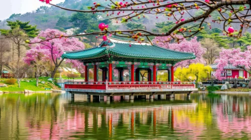 Tranquil Korean Pavilion and Cherry Blossom Landscape
