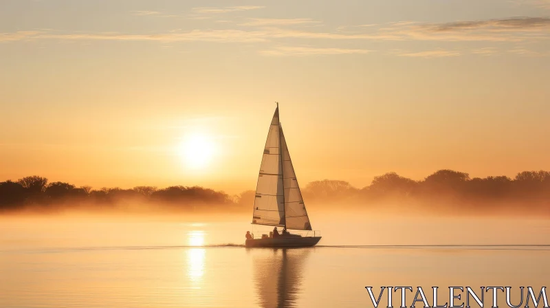 Tranquil Sunrise Sailboat Landscape AI Image