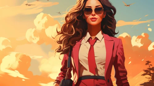 Confident Business Woman in Red Suit and Sunglasses