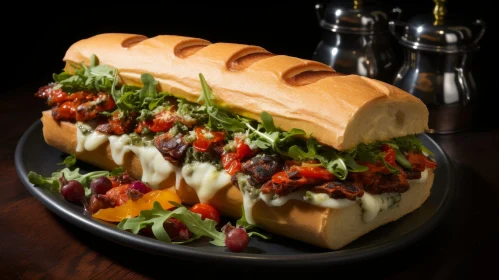 Delicious Sandwich on Black Plate with Fresh Ingredients