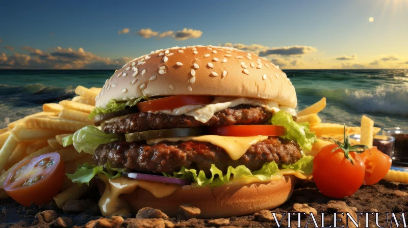 Double Cheeseburger with Fries on Beach at Sunset AI Image