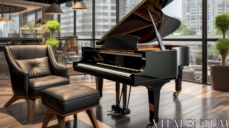 Elegant Black Grand Piano in Modern City Living Room AI Image