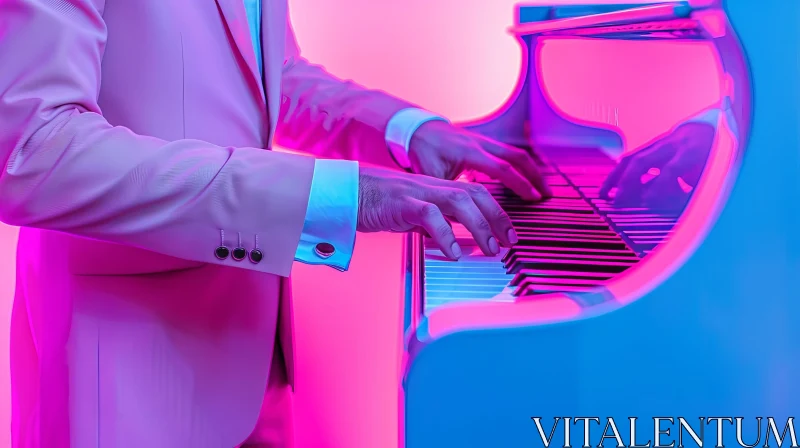 Elegant Man Playing Piano in Neon Setting AI Image