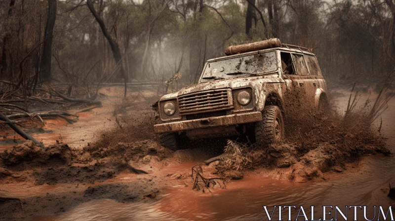 Muddy Ram Vehicle on a Rugged Dirt Road - Action-Packed Image AI Image