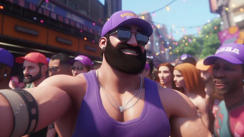 Muscular Man in Purple Tank Top with Bioware Hat