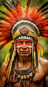 Native American Man with Traditional Headdress and Face Paint
