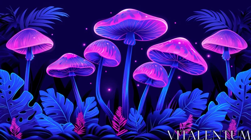 AI ART Psychedelic Forest with Glowing Mushrooms - Digital Painting