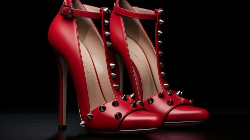 Red Leather High-Heeled Shoes with Ankle Straps and Silver Spikes