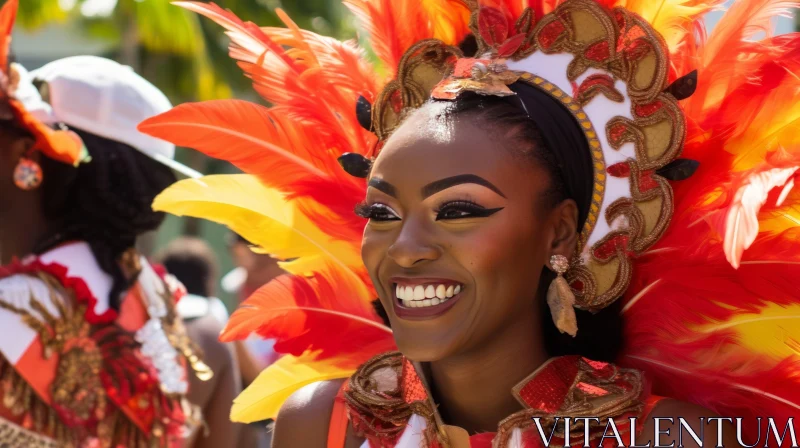 Smiling African Descent Woman in Feathered Headdress and Sequined Costume AI Image