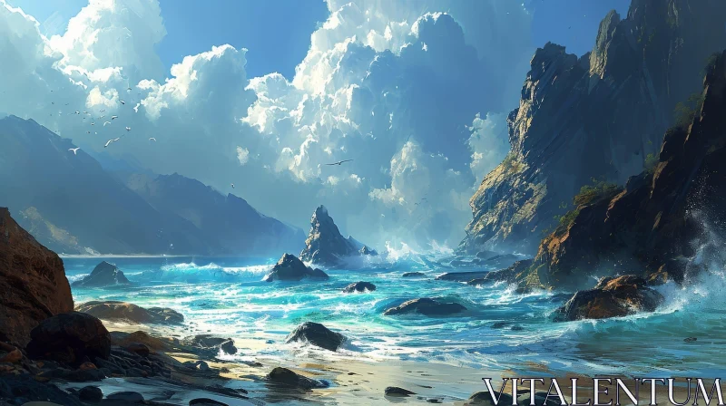 Tranquil Rocky Beach Landscape with Ocean View AI Image