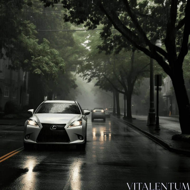 White Lexus Car Driving on Wet City Street | Post-Processed Cityscape AI Image