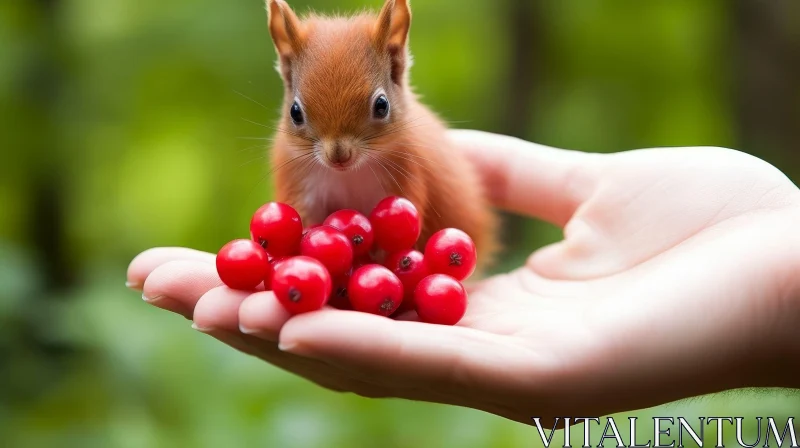 Curious Squirrel with Red Berries on Hand AI Image