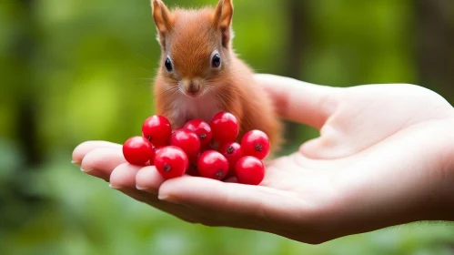 Curious Squirrel with Red Berries on Hand