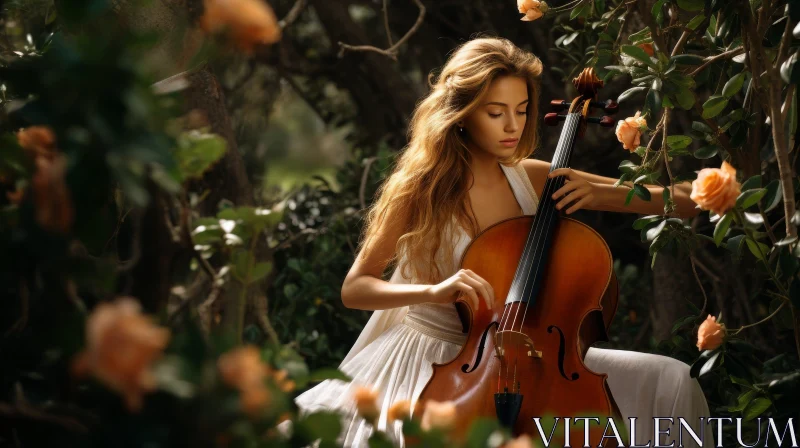 Enchanting Woman Playing Cello in Forest AI Image