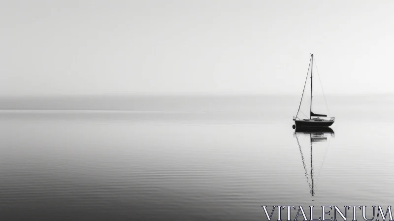AI ART Tranquil Black and White Sailboat on Still Lake