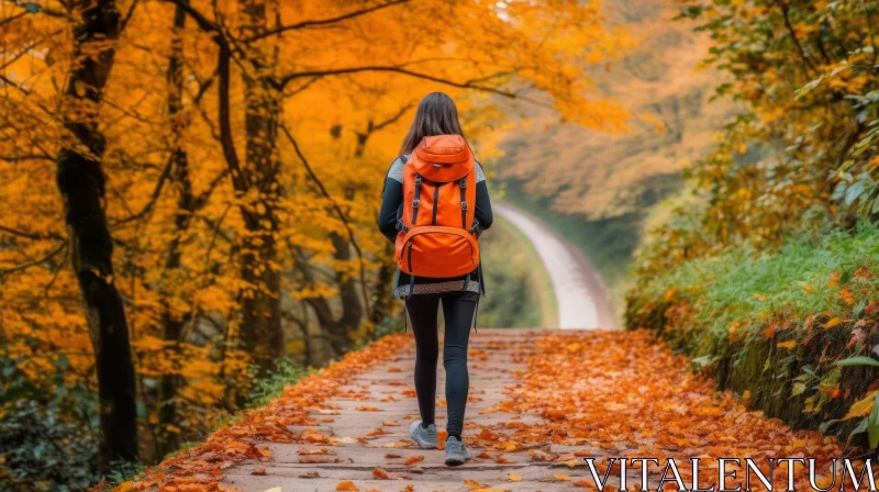 Woman Walking in Woods on Rural Road AI Image