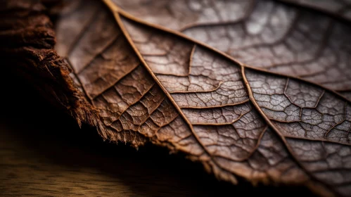 Brown Leaf Close-Up on Wooden Surface