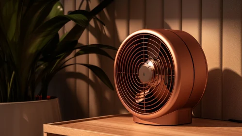 Copper Fan 3D Rendering on Wooden Table