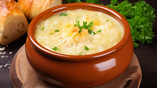 Creamy Cheese Soup with Parsley on Wooden Table