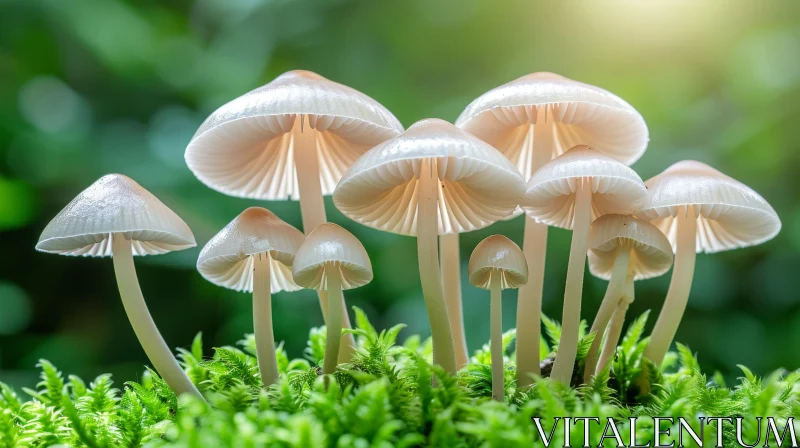 Delicate Mycena Mushrooms in Sunlight AI Image