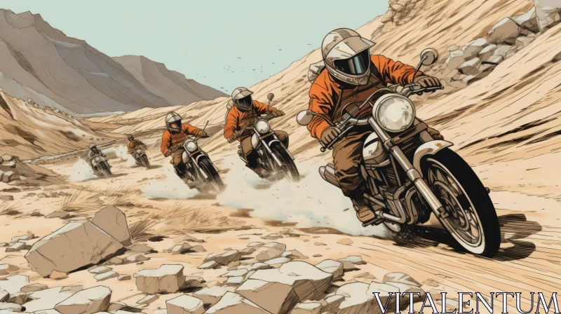 Motorcyclists Riding Adventure in Desert Landscape AI Image