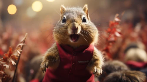 Surprised Squirrel in Red Shirt on Branch