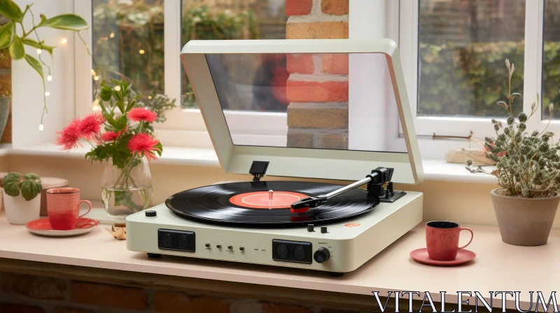 AI ART Vintage Record Player on Shelf with Pink Cup and Red Flowers
