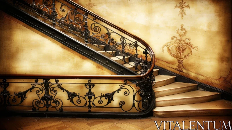 Elegant Wooden Staircase with Floral Metal Railing AI Image