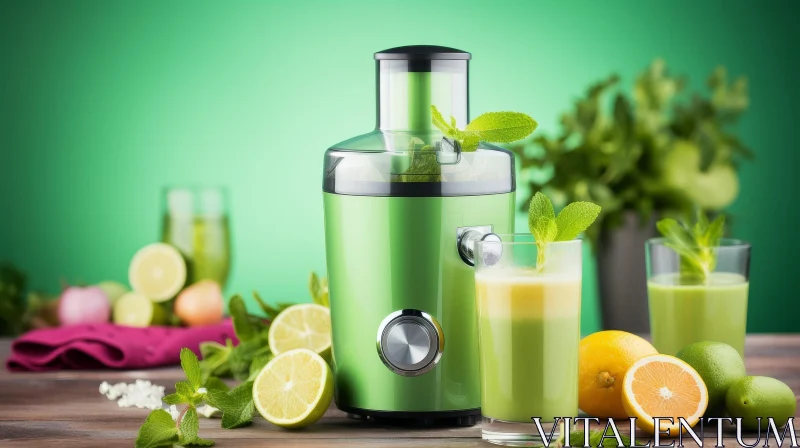 AI ART Fresh Green Juicer with Fruits and Vegetables on Wooden Table