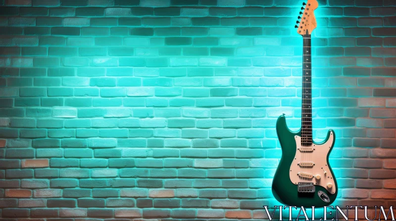 Green Electric Guitar on Brick Wall AI Image