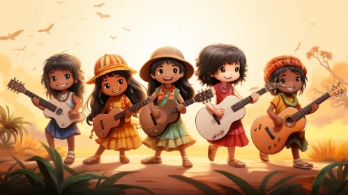 Joyful Girls Playing Guitars in Tropical Setting