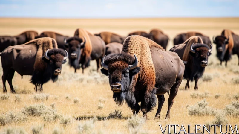 Majestic American Bison Herd Grazing on Prairie AI Image