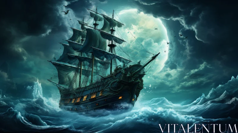 Moonlit Pirate Ship Sailing Through Stormy Night AI Image