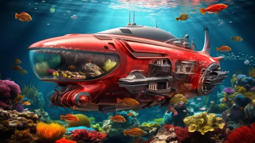 Red Submarine Exploring Coral Reef - Underwater Exploration Art