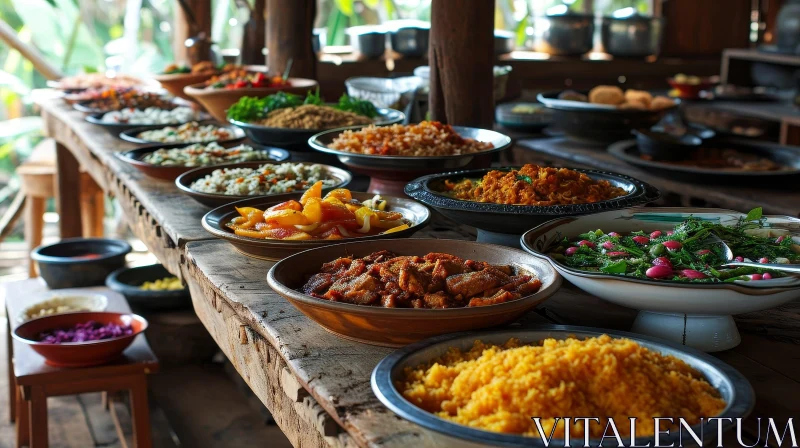 AI ART Rustic Buffet with Variety of Food on Wooden Table